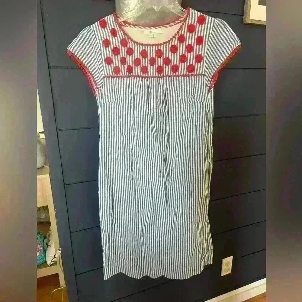 Boden Striped Shift Dress with Red Embroidered Yoke